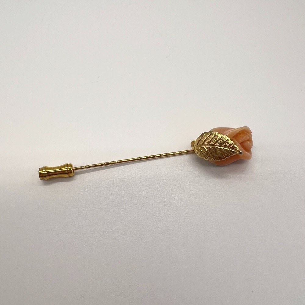 Gold Tone Carved Pink-Peach Lucite Rose Etched Leaves Stick Pin Vintage Classic